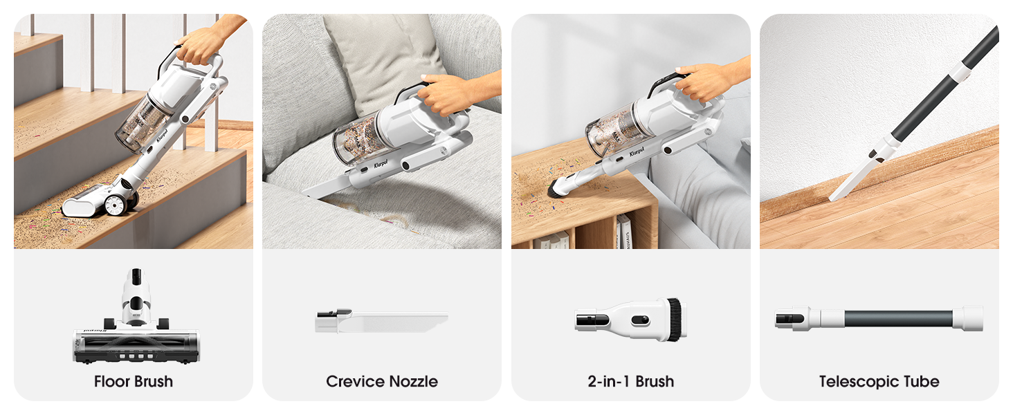 Klarpul Cordless Vacuum Cleaner, 2 Batteries 140 Mins Runtime 600W 50Kpa Stick Vacuum Cordless, Self-Standing Vacuum Cleaners for Home with 2.5H Fast Charging, for Floor/Carpet/Pet Hair, White detail 14