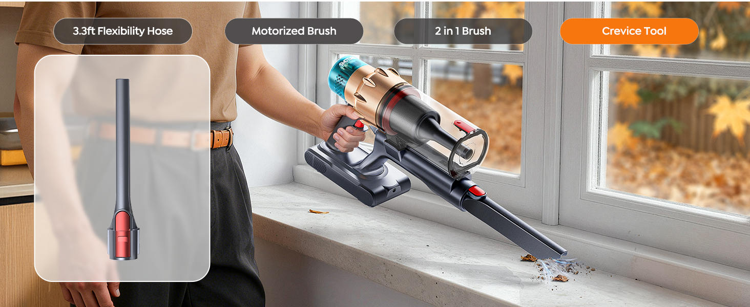 Cordless Vacuum Cleaner, 55KPA 650W 70Mins Stick Vacuum Cleaners for Home with Motorized Bed Brush, Flexible Hose, LED Touchscreen, Auto Mode, Self-Standing & Wall Mount, for Pet Hair Carpet Floor detail 7