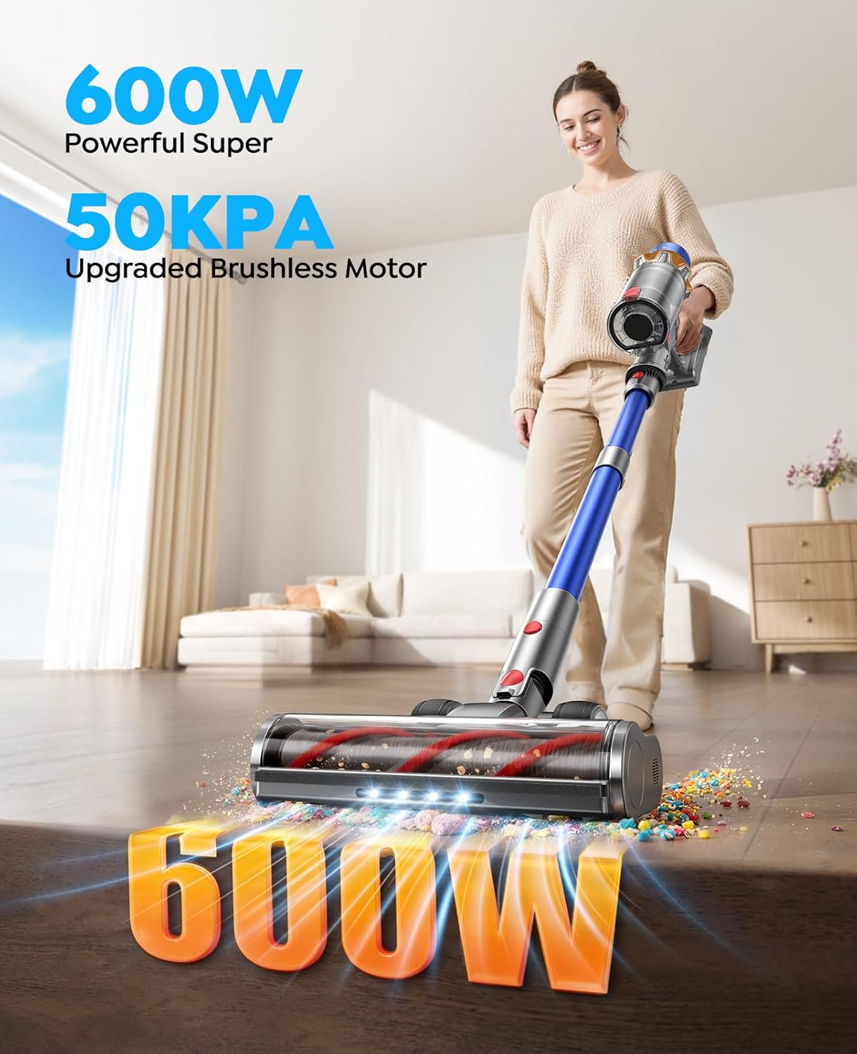 Cordless Vacuum Cleaner with 2 Batteries, 130 Mins/50KPa/600W Stick Vacuum Cleaners for Home with 3.3Ft Hose, Sofa Brush, TouchScreen AUTO-Mode, Wall Mount Charging, Scented, for Floor/Carpet/Pet Hair detail 14