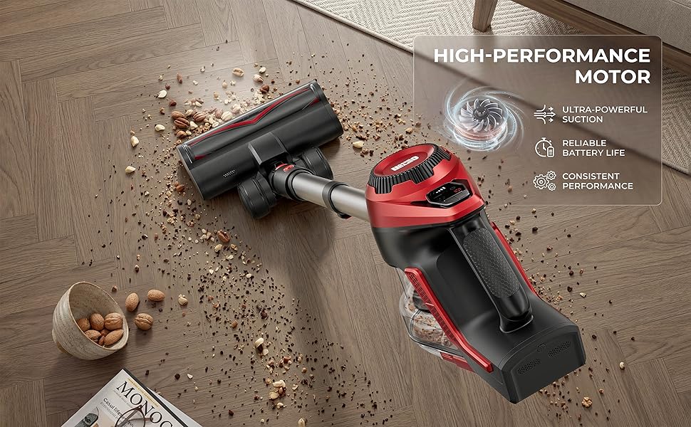 Cordless Vacuum Cleaner for Home, Stick Vacuum 45Kpa, Smart Display & 1.5L Dust Cup, MAX 40mins Runtime, Rechargeable Lightweight Handheld Vavuum for Pet Hair/Carpet/Hardwood Floor/Car (Crimson) detail 4