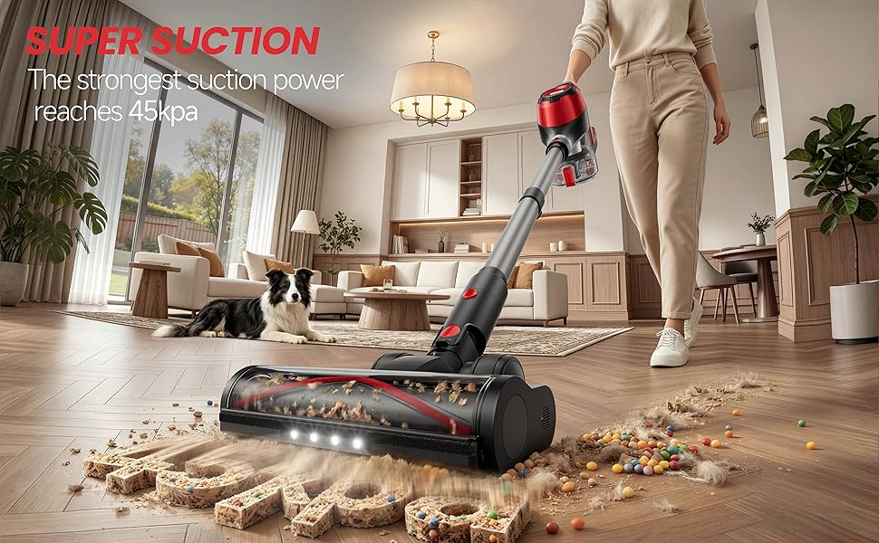 Cordless Vacuum Cleaner for Home, Stick Vacuum 45Kpa, Smart Display & 1.5L Dust Cup, MAX 40mins Runtime, Rechargeable Lightweight Handheld Vavuum for Pet Hair/Carpet/Hardwood Floor/Car (Crimson) detail 5