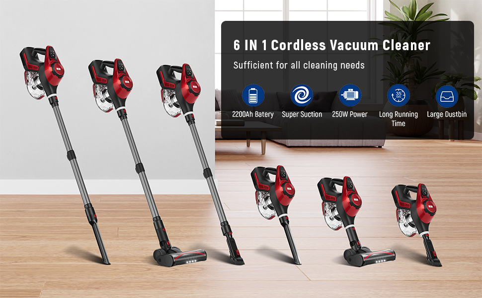 Cordless Vacuum Cleaner for Home, Stick Vacuum 45Kpa, Smart Display & 1.5L Dust Cup, MAX 40mins Runtime, Rechargeable Lightweight Handheld Vavuum for Pet Hair/Carpet/Hardwood Floor/Car (Crimson) detail 6