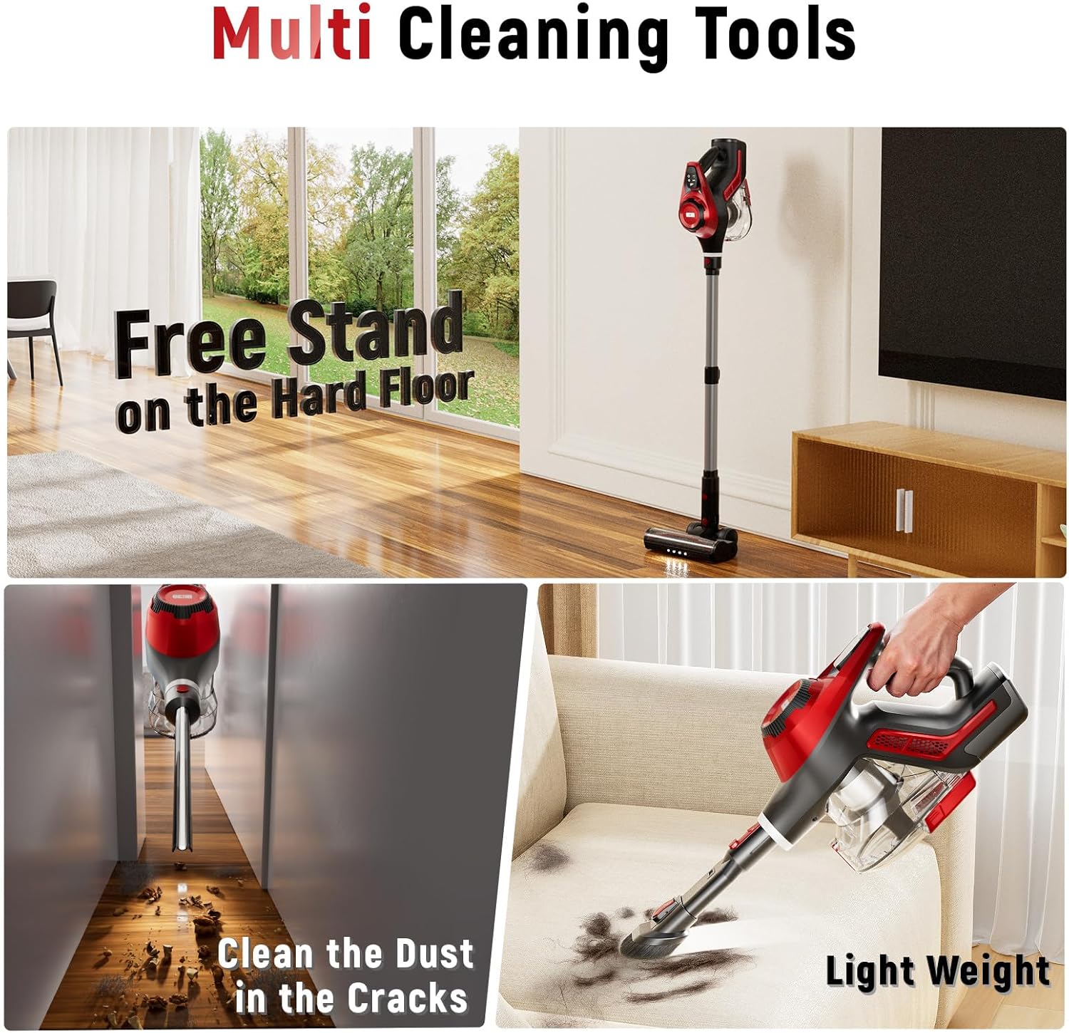 Cordless Vacuum Cleaner for Home, Stick Vacuum 45Kpa, Smart Display & 1.5L Dust Cup, MAX 40mins Runtime, Rechargeable Lightweight Handheld Vavuum for Pet Hair/Carpet/Hardwood Floor/Car (Crimson) detail 12