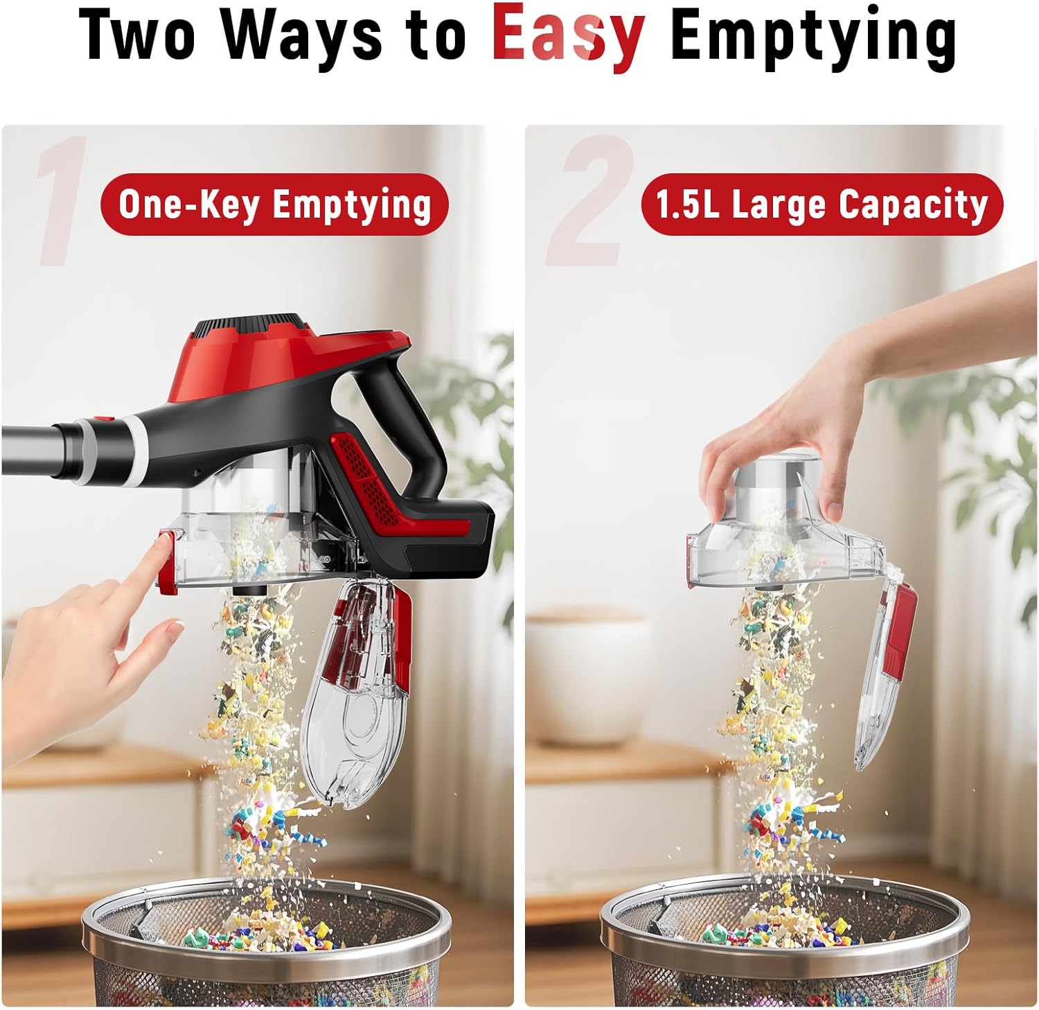 Cordless Vacuum Cleaner for Home, Stick Vacuum 45Kpa, Smart Display & 1.5L Dust Cup, MAX 40mins Runtime, Rechargeable Lightweight Handheld Vavuum for Pet Hair/Carpet/Hardwood Floor/Car (Crimson) detail 14