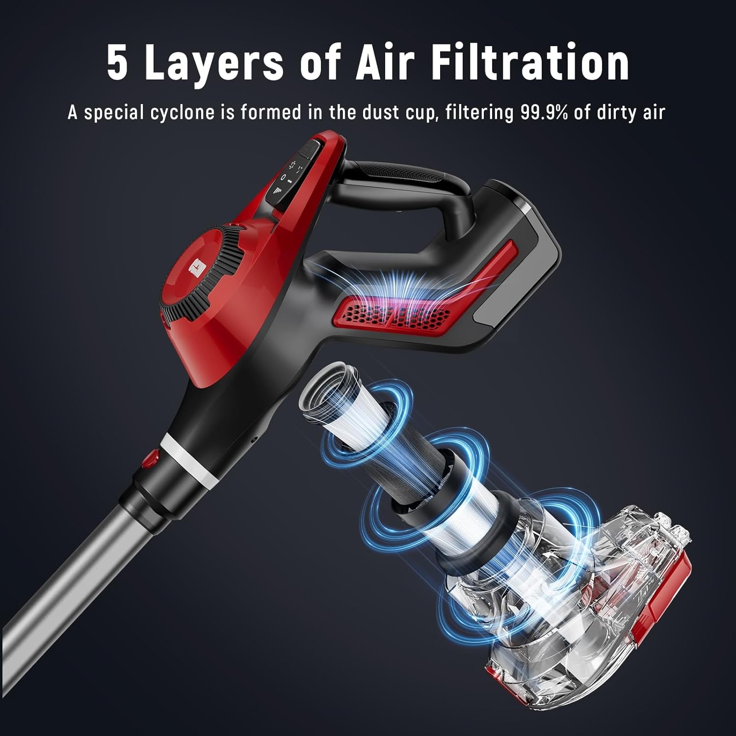 Cordless Vacuum Cleaner for Home, Stick Vacuum 45Kpa, Smart Display & 1.5L Dust Cup, MAX 40mins Runtime, Rechargeable Lightweight Handheld Vavuum for Pet Hair/Carpet/Hardwood Floor/Car (Crimson) detail 15