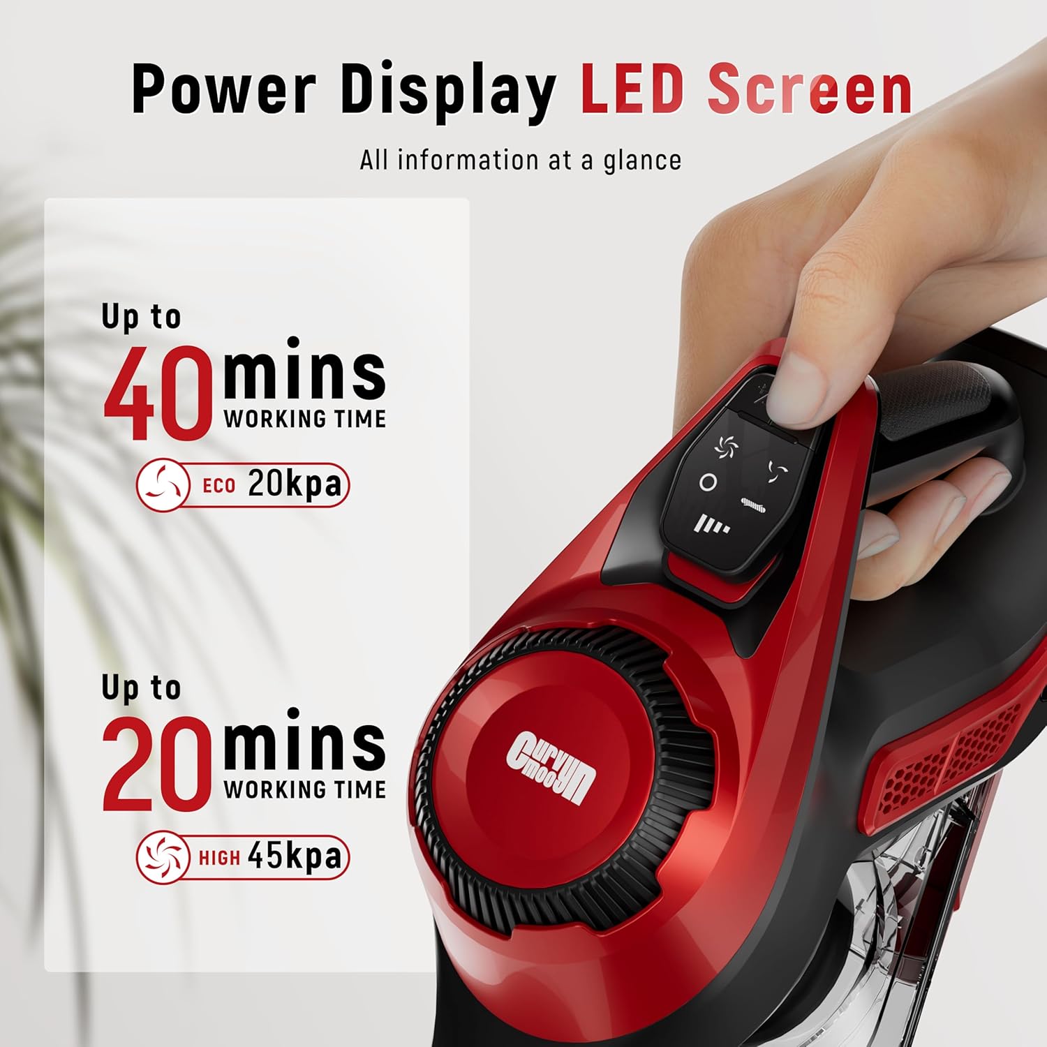 Cordless Vacuum Cleaner for Home, Stick Vacuum 45Kpa, Smart Display & 1.5L Dust Cup, MAX 40mins Runtime, Rechargeable Lightweight Handheld Vavuum for Pet Hair/Carpet/Hardwood Floor/Car (Crimson) detail 16