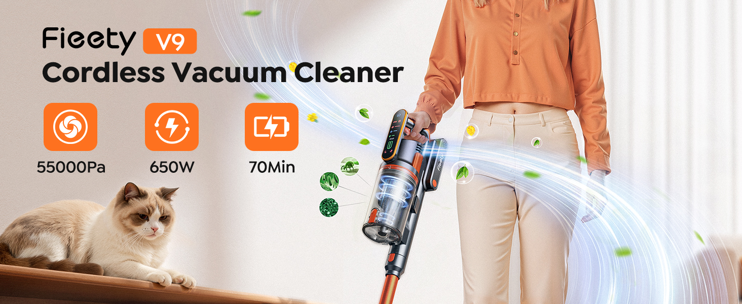Cordless Vacuum Cleaner, 650W/55Kpa/70Mins Stick Vacuum Cleaners for Home with 180° Foldable Wand &3.3Ft Hose, Touch Screen AUTO-Mode, Wall Mount Charging, Fragrance, Vacuum for Floor/Carpet/Pet Hair detail 1