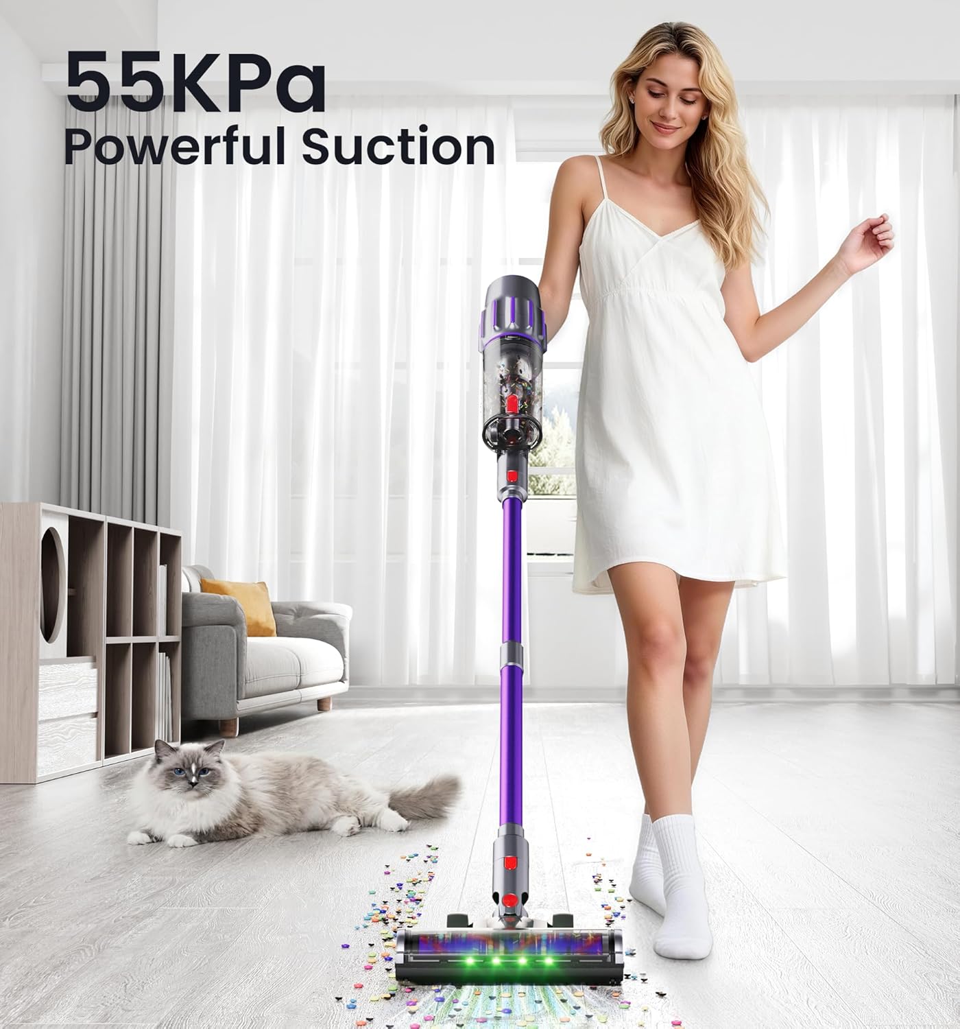 Cordless Vacuum Cleaner,650W 55KPA 80Mins Cordless Stick Vacuum with Smart Display,1.8L Cup,V-Shaped Anti-Tangle Brush,Wall Mount Charging,Self-Standing Vacuum Cleaners for Home,Floor,Carpet,Pet Hair detail 16
