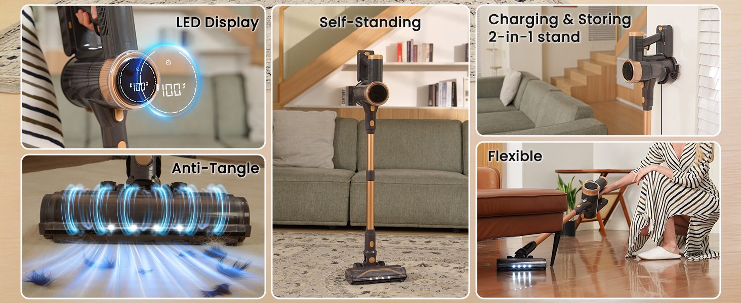 Cordless Vacuum Cleaner, 10-in-1 Lightweight Stick Vacuum with 45mins Runtime, Powerful Suction, LED Touch Screen, Rechargeable Vacuum Cleaners for Home Hardwood Floor Carpet Pet Hair (Gold) detail 1