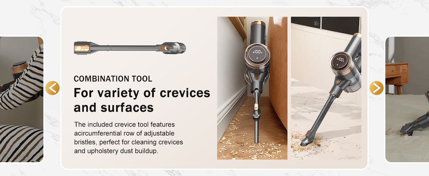 Cordless Vacuum Cleaner, 10-in-1 Lightweight Stick Vacuum with 45mins Runtime, Powerful Suction, LED Touch Screen, Rechargeable Vacuum Cleaners for Home Hardwood Floor Carpet Pet Hair (Gold) detail 6