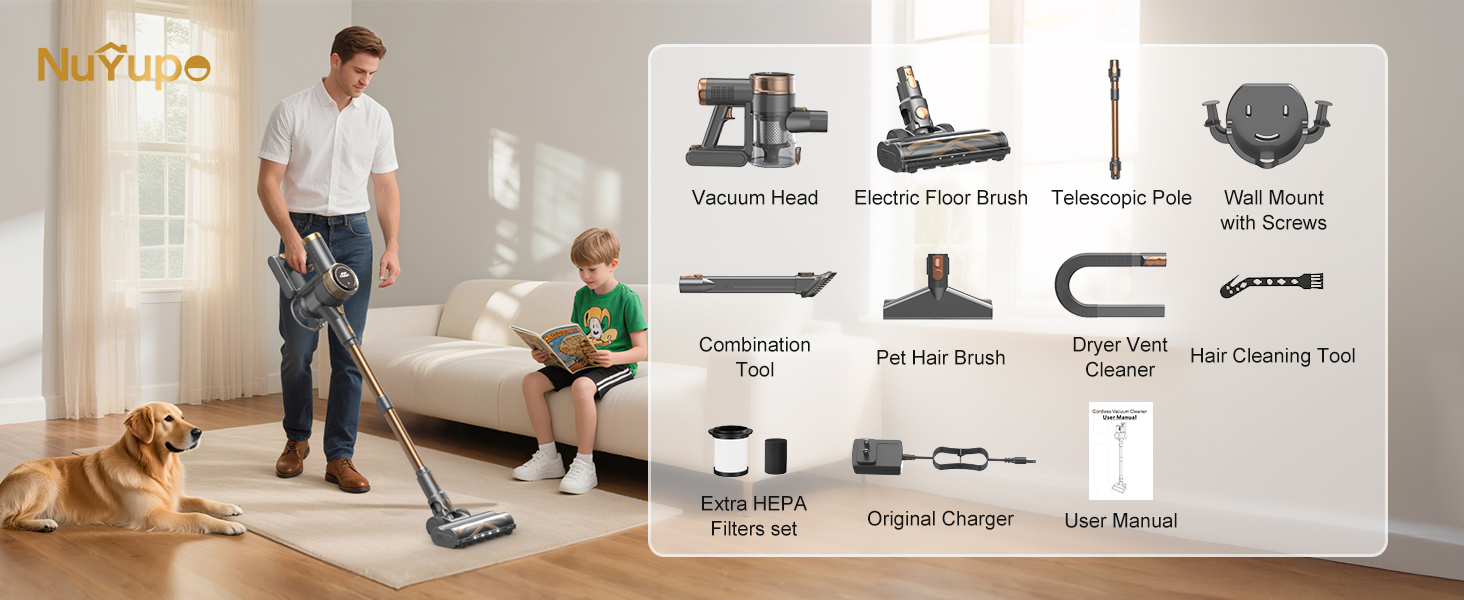 Cordless Vacuum Cleaner, 10-in-1 Lightweight Stick Vacuum with 45mins Runtime, Powerful Suction, LED Touch Screen, Rechargeable Vacuum Cleaners for Home Hardwood Floor Carpet Pet Hair (Gold) detail 14