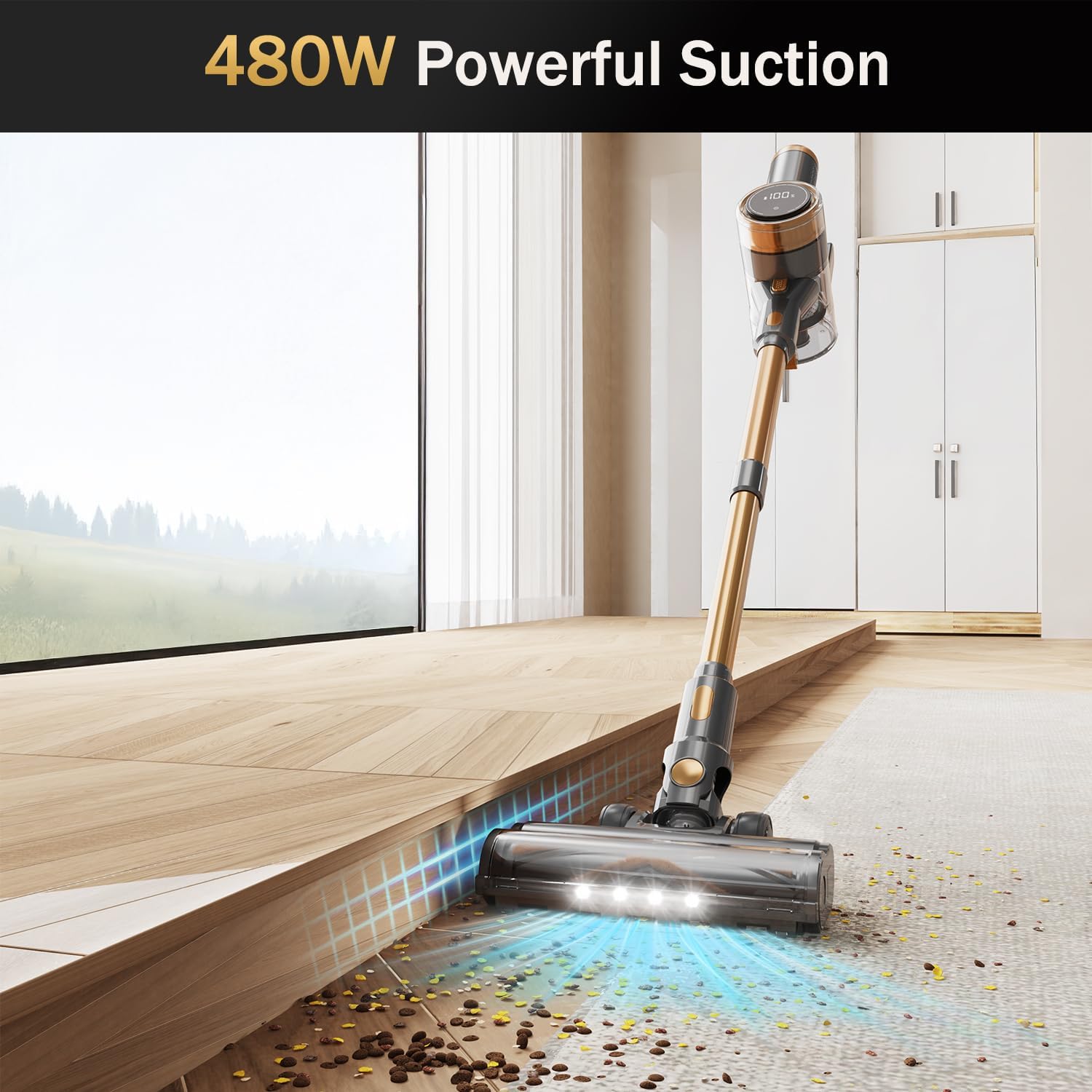 Cordless Vacuum Cleaner, 10-in-1 Lightweight Stick Vacuum with 45mins Runtime, Powerful Suction, LED Touch Screen, Rechargeable Vacuum Cleaners for Home Hardwood Floor Carpet Pet Hair (Gold) detail 17