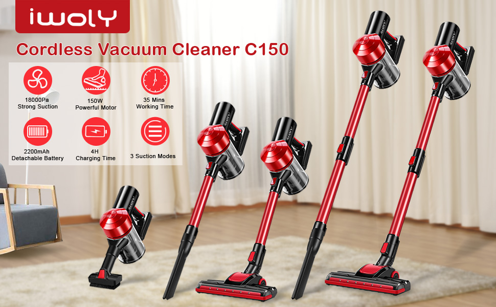 iwoly C150 Cordless Vacuum Cleaner Rechargeable with 2200mAh Detachable Battery, 18000Pa Cyclone Vacuum with HEPA Filter, Lightweight Portable Handheld Stick Vacuum for Hard Floor Car Cleaning detail 1