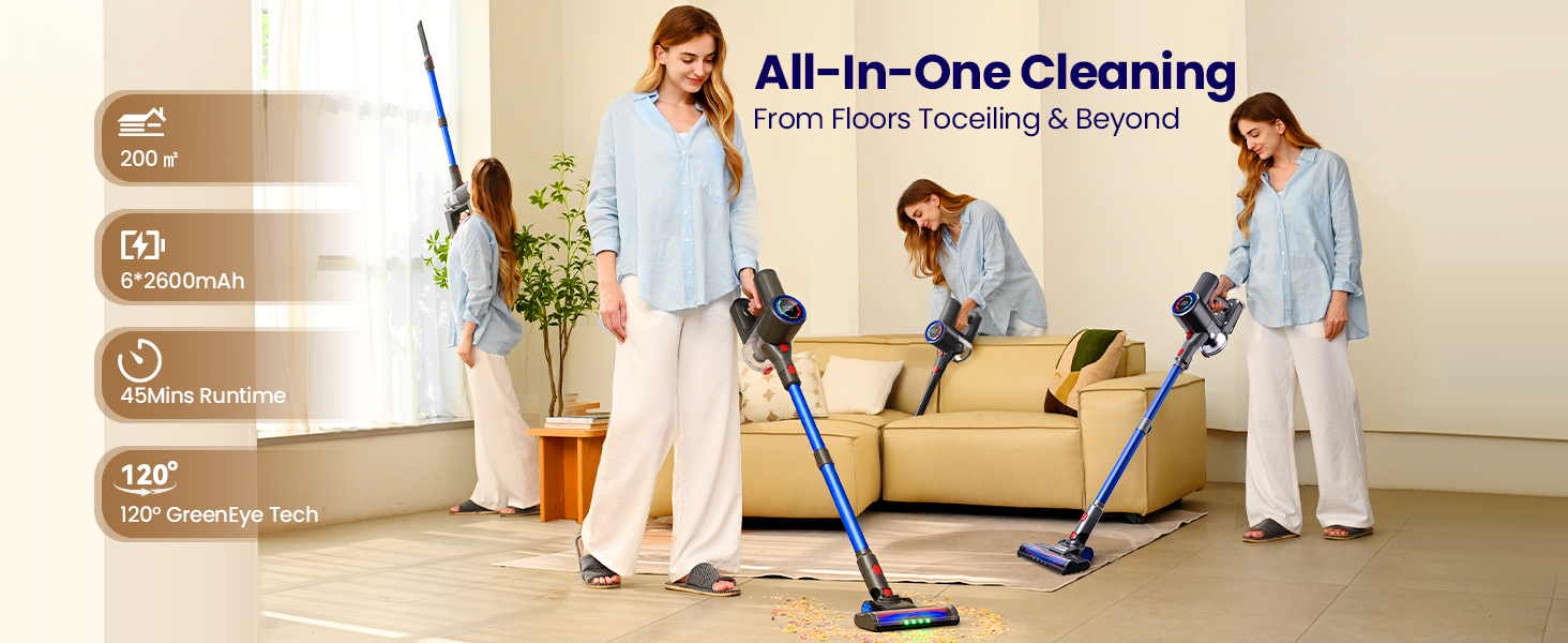 S10 Cordless Vacuum Cleaner, 40KPA/500W/45Mins, LED Display, 8-in-1 Lightweight Stick Vacuum Cleaners for Home with Green LED Light, 6-Stages Filtration, Self-Standing Design, Blue detail 12