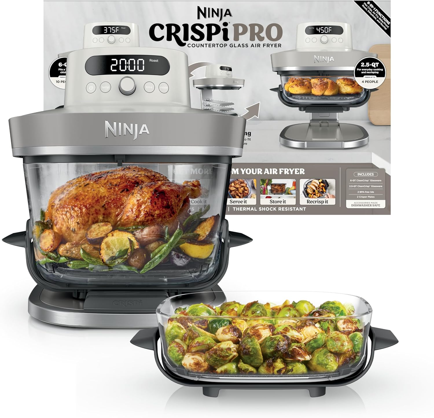 Ninja Crispi Pro 6-in-1 Glass Air Fryer | With Nontoxic, 6qt & 2.5qt Containers