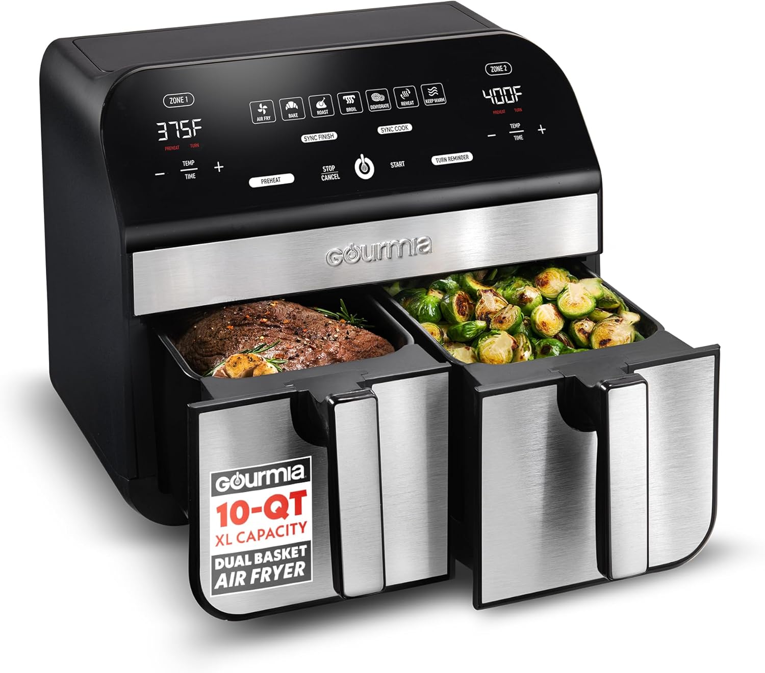 Gourmia Dual Basket Air Fryer - 10 Qt Large Capacity, FryForce360º, Digital