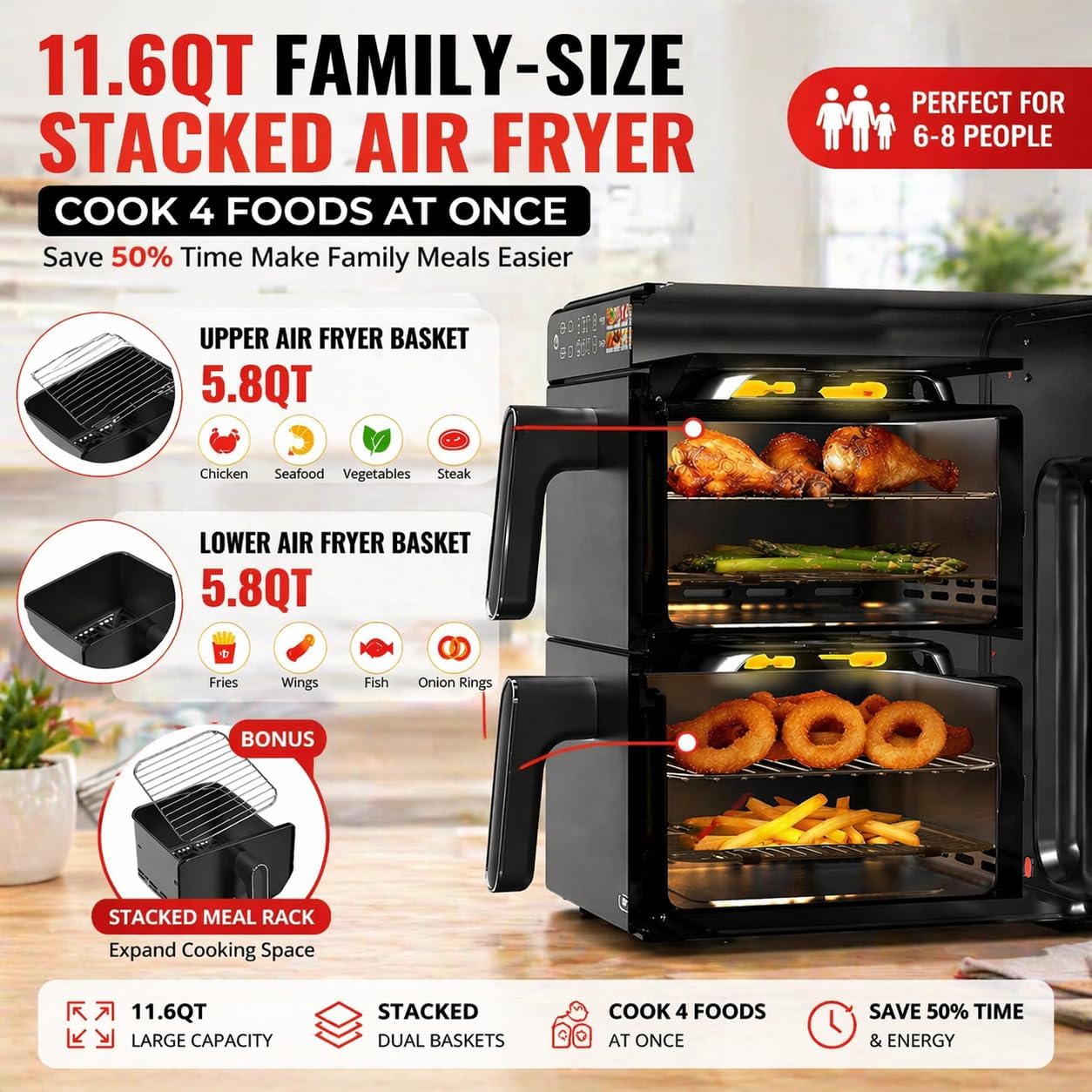 11.6QT Dual Basket Air Fryer Oven, Vertical 2-Basket Design, 6-in-1 Presets - View 3