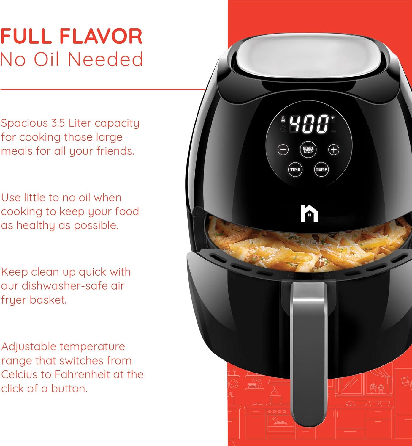 Digital 3.5 Liter Air Fryer w/ Flat Basket, Touch Screen AirFryer, Non-Stick - View 4