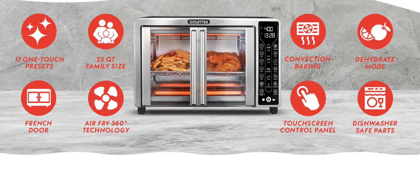 Gourmia French Door Air Fryer - 25 Qt Large Capacity Convection Oven, Fryfroce 360°, Digital Display with 17 Cooking Presets, Bake, Toast, Roast, Dehydrate, Fits 12" Pizza detail 2