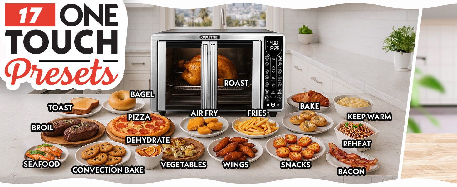 Gourmia French Door Air Fryer - 25 Qt Large Capacity Convection Oven, Fryfroce 360°, Digital Display with 17 Cooking Presets, Bake, Toast, Roast, Dehydrate, Fits 12" Pizza detail 3