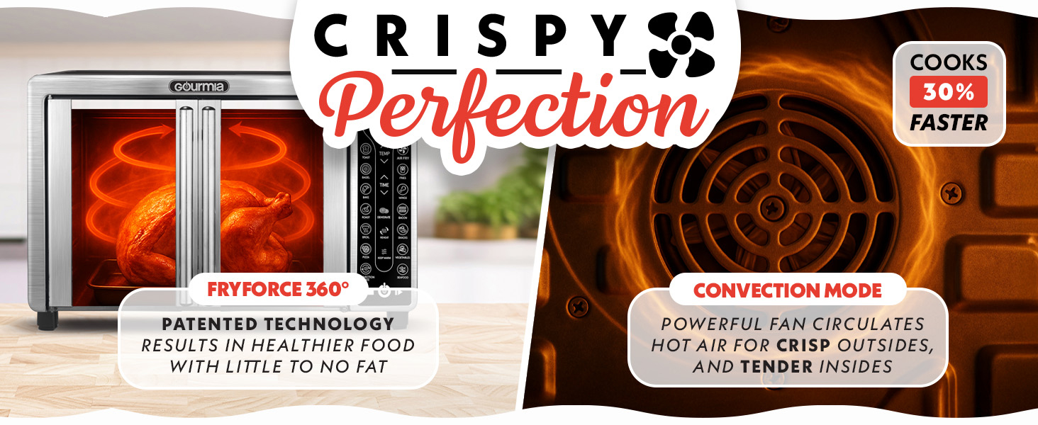 Gourmia French Door Air Fryer - 25 Qt Large Capacity Convection Oven, Fryfroce 360°, Digital Display with 17 Cooking Presets, Bake, Toast, Roast, Dehydrate, Fits 12" Pizza detail 4