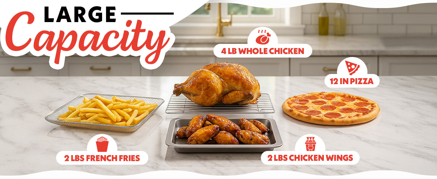 Gourmia French Door Air Fryer - 25 Qt Large Capacity Convection Oven, Fryfroce 360°, Digital Display with 17 Cooking Presets, Bake, Toast, Roast, Dehydrate, Fits 12" Pizza detail 6