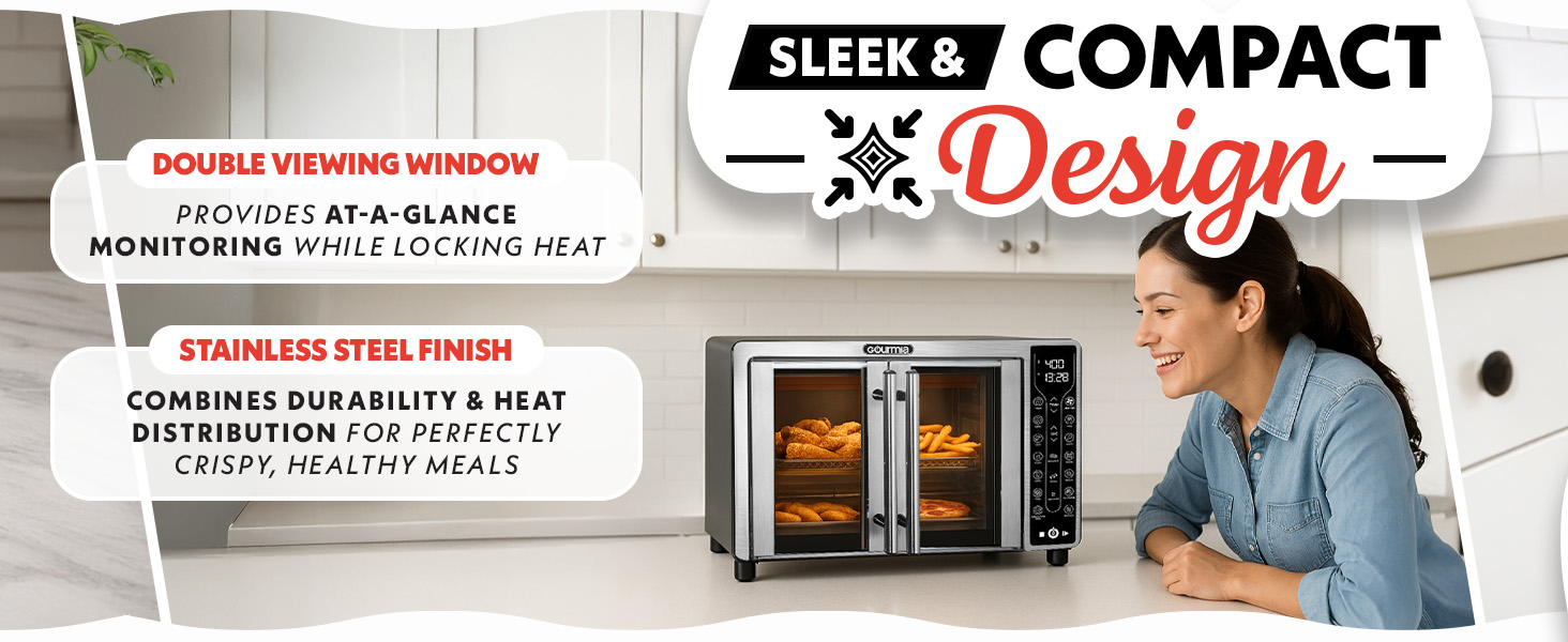 Gourmia French Door Air Fryer - 25 Qt Large Capacity Convection Oven, Fryfroce 360°, Digital Display with 17 Cooking Presets, Bake, Toast, Roast, Dehydrate, Fits 12" Pizza detail 7
