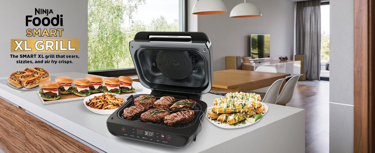 Ninja | Indoor Grill and Air Fryer| Foodi Smart XL | 6-in-1 Grill, Air Fry, Roast, Bake, Broil, Dehydrate & Crisp |Smart Thermometer & Splatter Shield | Dishwasher Safe Parts | Black/Silver | FG551 detail 1