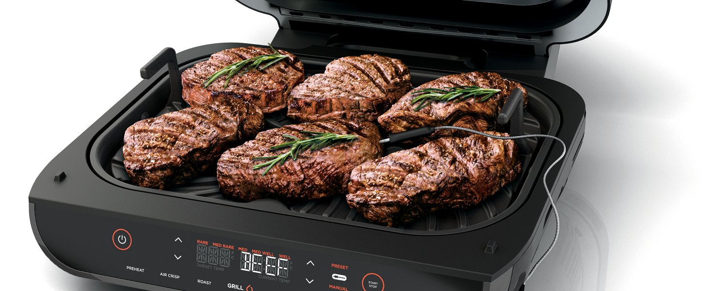Ninja | Indoor Grill and Air Fryer| Foodi Smart XL | 6-in-1 Grill, Air Fry, Roast, Bake, Broil, Dehydrate & Crisp |Smart Thermometer & Splatter Shield | Dishwasher Safe Parts | Black/Silver | FG551 detail 6