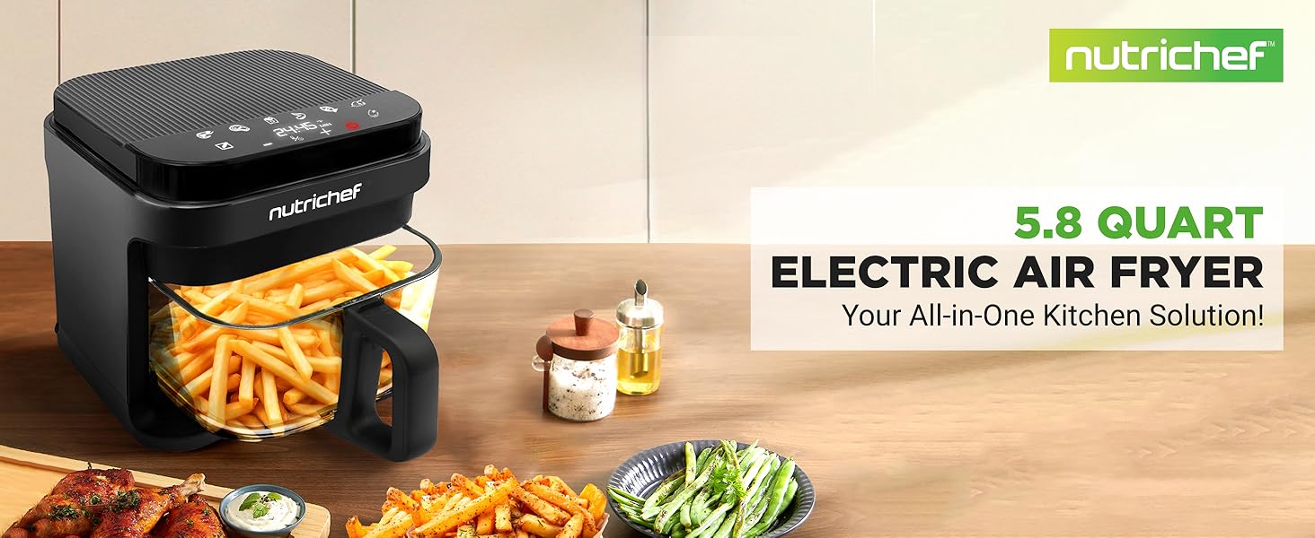 Nutrichef 5.8 Quart Air Fryer | 8-1 Preset Cook Modes | Transparent Fry Bowl for Best Cooking Results | Cook Shrimp, Steak, Fries, Wings, Chicken & More | Precise Temperature Control & Time | Grey detail 1