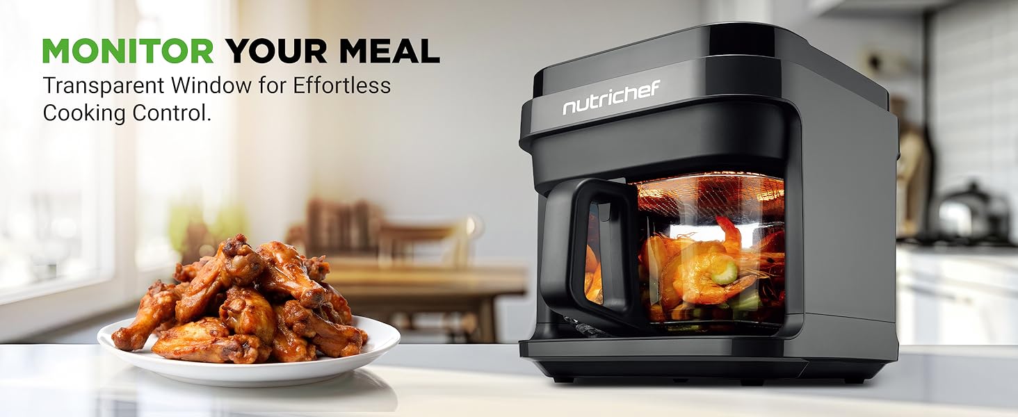 Nutrichef 5.8 Quart Air Fryer | 8-1 Preset Cook Modes | Transparent Fry Bowl for Best Cooking Results | Cook Shrimp, Steak, Fries, Wings, Chicken & More | Precise Temperature Control & Time | Grey detail 3