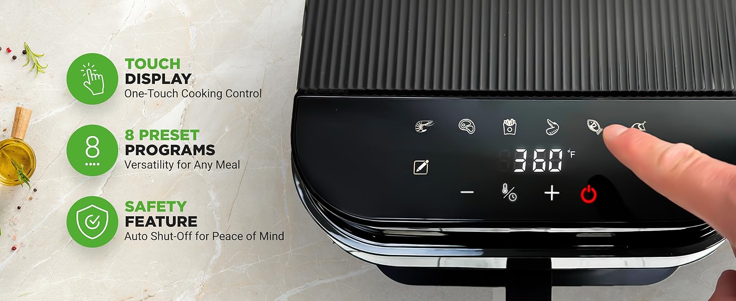 Nutrichef 5.8 Quart Air Fryer | 8-1 Preset Cook Modes | Transparent Fry Bowl for Best Cooking Results | Cook Shrimp, Steak, Fries, Wings, Chicken & More | Precise Temperature Control & Time | Grey detail 5