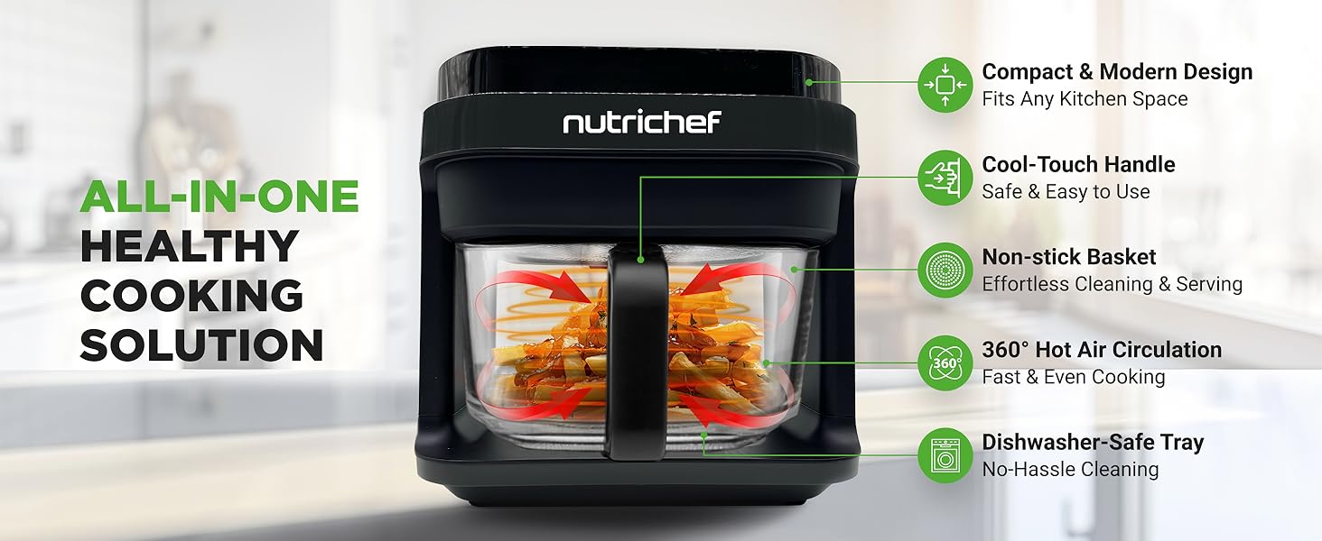Nutrichef 5.8 Quart Air Fryer | 8-1 Preset Cook Modes | Transparent Fry Bowl for Best Cooking Results | Cook Shrimp, Steak, Fries, Wings, Chicken & More | Precise Temperature Control & Time | Grey detail 6