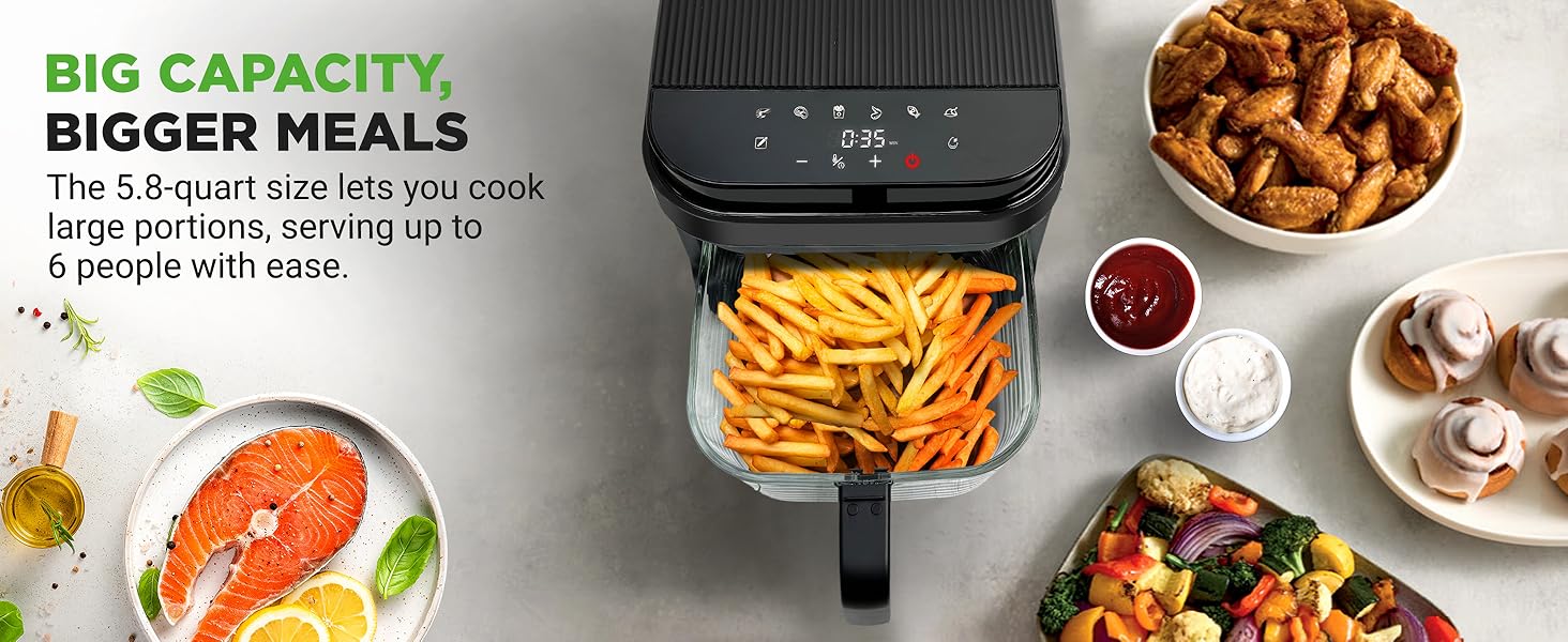 Nutrichef 5.8 Quart Air Fryer | 8-1 Preset Cook Modes | Transparent Fry Bowl for Best Cooking Results | Cook Shrimp, Steak, Fries, Wings, Chicken & More | Precise Temperature Control & Time | Grey detail 8