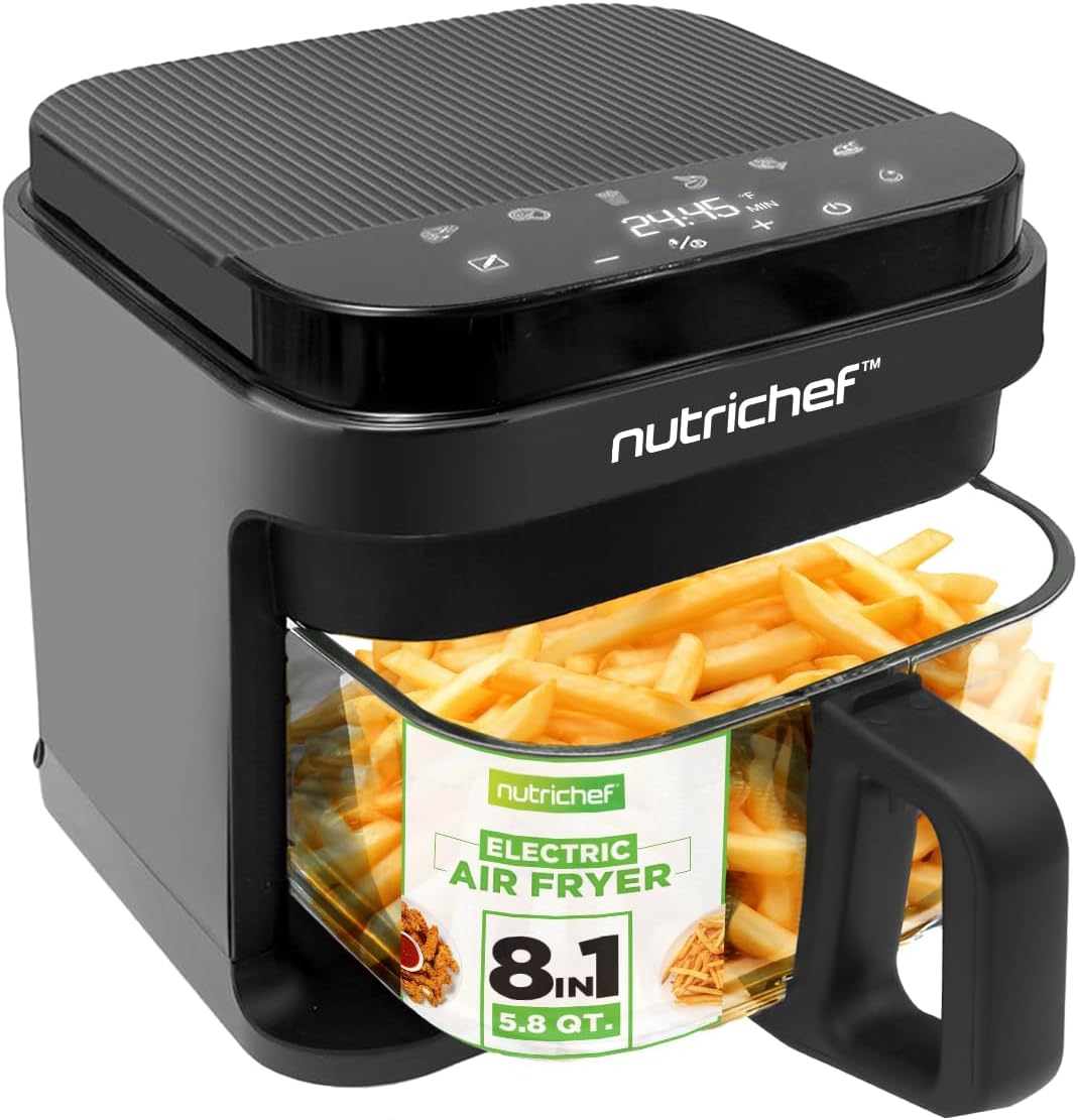 Nutrichef 5.8 Quart Air Fryer | 8-1 Preset Cook Modes | Transparent Fry Bowl for Best Cooking Results | Cook Shrimp, Steak, Fries, Wings, Chicken & More | Precise Temperature Control & Time | Grey detail 9