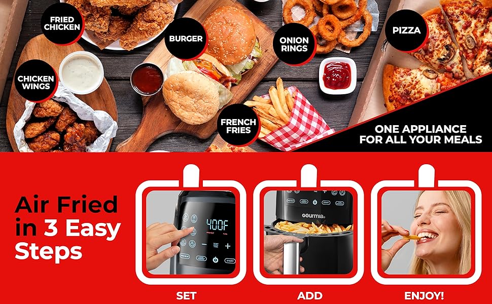 Gourmia Air Fryer - 6 Qt Large Capacity, FryForce 360º, Digital Display with 12 Presets, Roast, Bake, Broil, Dehydrate, Dishwasher Safe Accessories, Black detail 4