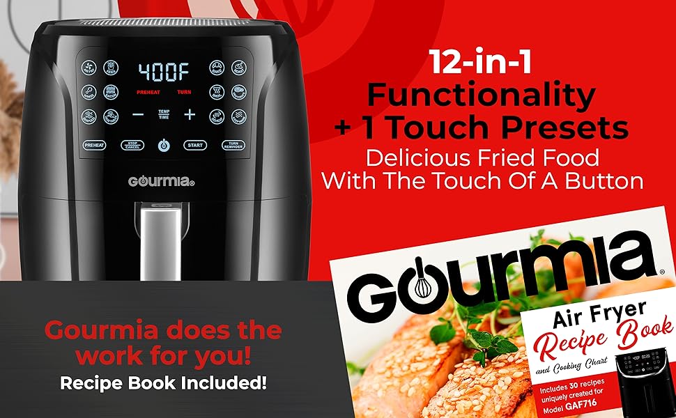 Gourmia Air Fryer - 6 Qt Large Capacity, FryForce 360º, Digital Display with 12 Presets, Roast, Bake, Broil, Dehydrate, Dishwasher Safe Accessories, Black detail 5