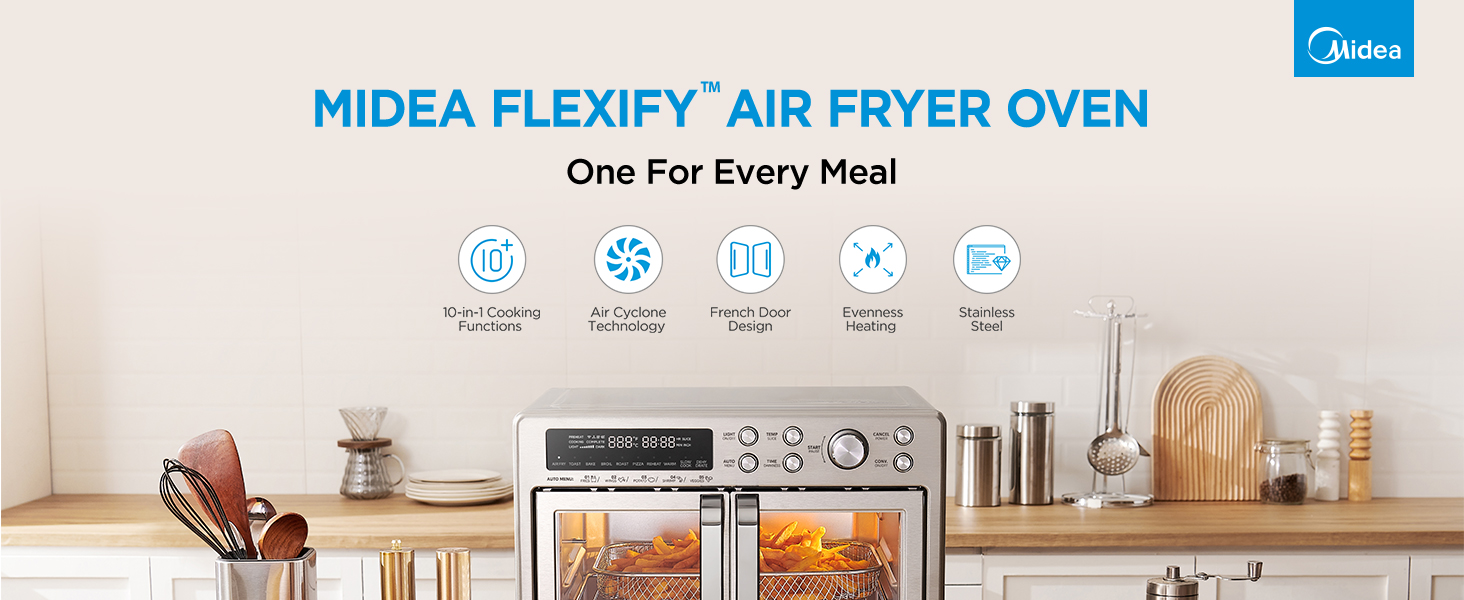 Midea Flexify Classic French Door Toaster Oven Air Fryer Combo, 10-in-1 Large Capacity 26.4 QT Countertop Oven, 25% Faster Cooking and 90% Less Oil, Stainless Steel detail 1