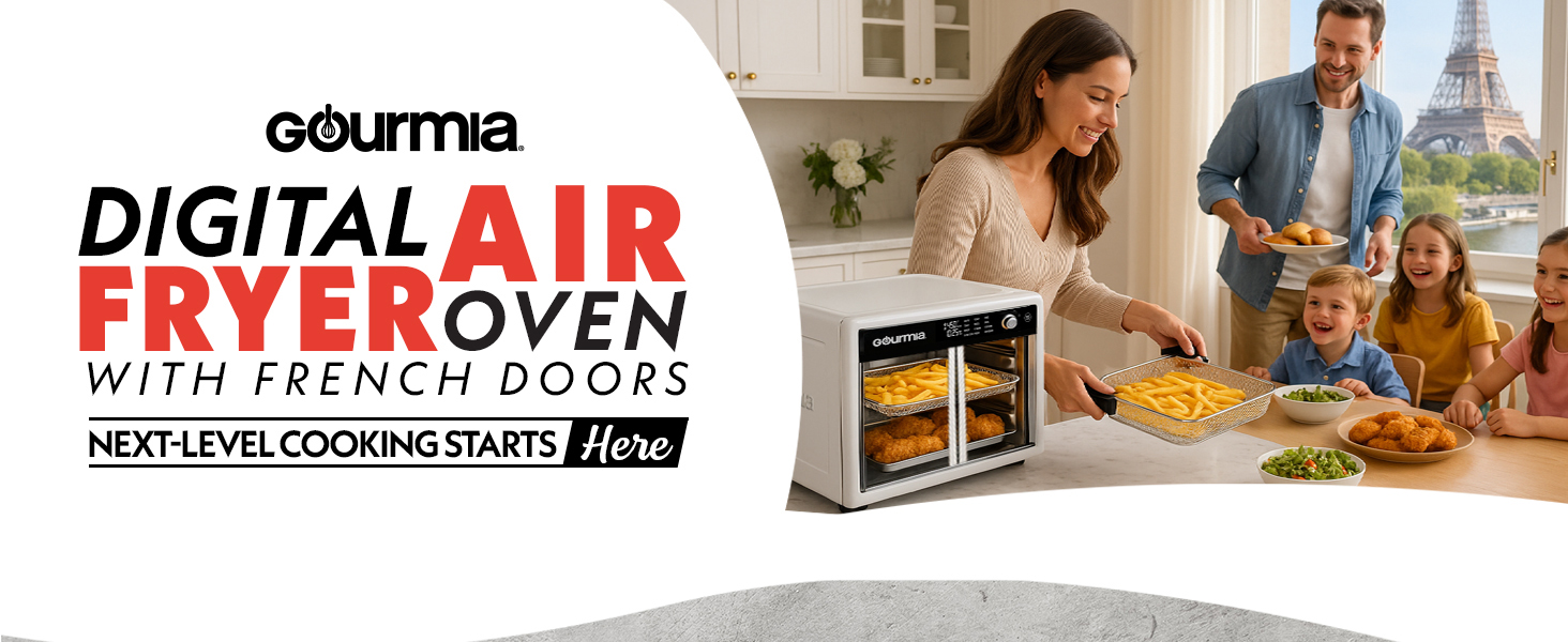 Gourmia French Door Air Fryer Oven - 37 Qt Large Capacity Convection Toaster Oven, FryForce 360°, Digital Display, 12 Cooking Presets, Dehydrate, Fits 13" Pizza, Dishwasher-Safe, Stainless Steel detail 1