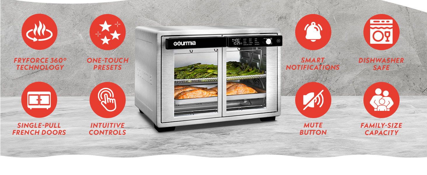 Gourmia French Door Air Fryer Oven - 37 Qt Large Capacity Convection Toaster Oven, FryForce 360°, Digital Display, 12 Cooking Presets, Dehydrate, Fits 13" Pizza, Dishwasher-Safe, Stainless Steel detail 2