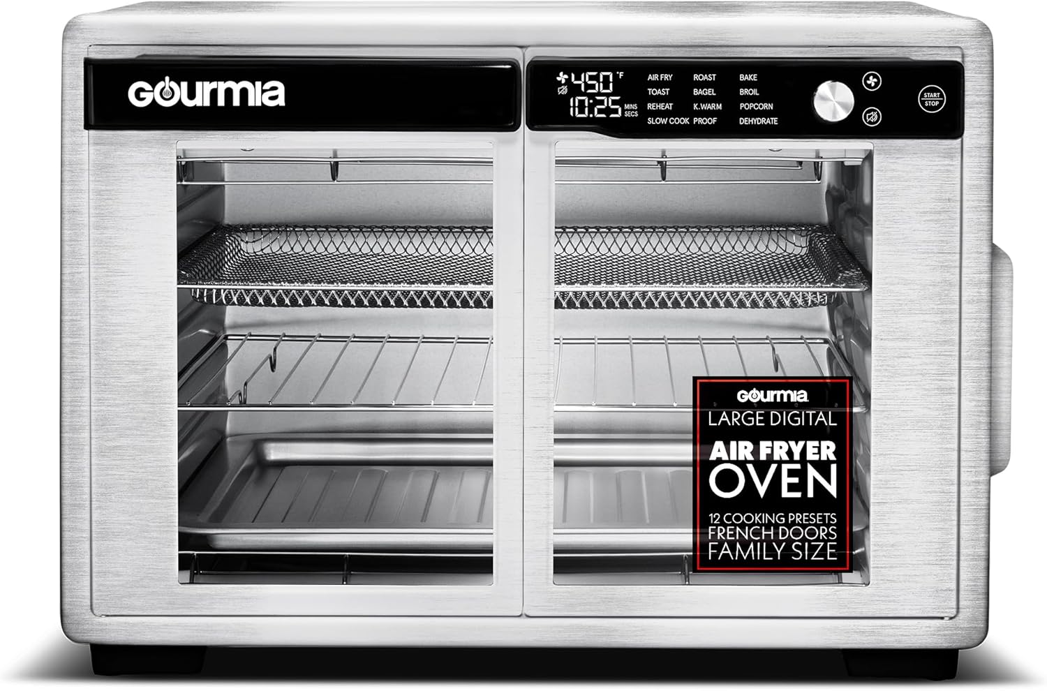 Gourmia French Door Air Fryer Oven - 37 Qt Large Capacity Convection Toaster Oven, FryForce 360°, Digital Display, 12 Cooking Presets, Dehydrate, Fits 13" Pizza, Dishwasher-Safe, Stainless Steel detail 11