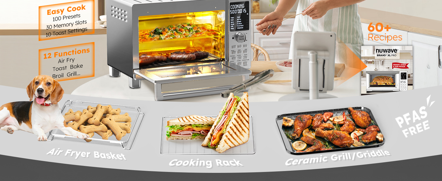 Nuwave Bravo XL Pro Air Fryer Toaster Oven with Grill Combo, 2025 New Ultra-Fast Convection System, 35% Crispier, 2X More Even, 142 Presets, 50-500F, Smarter Probe, PFAS Free, 30QT, Stainless Steel detail 2