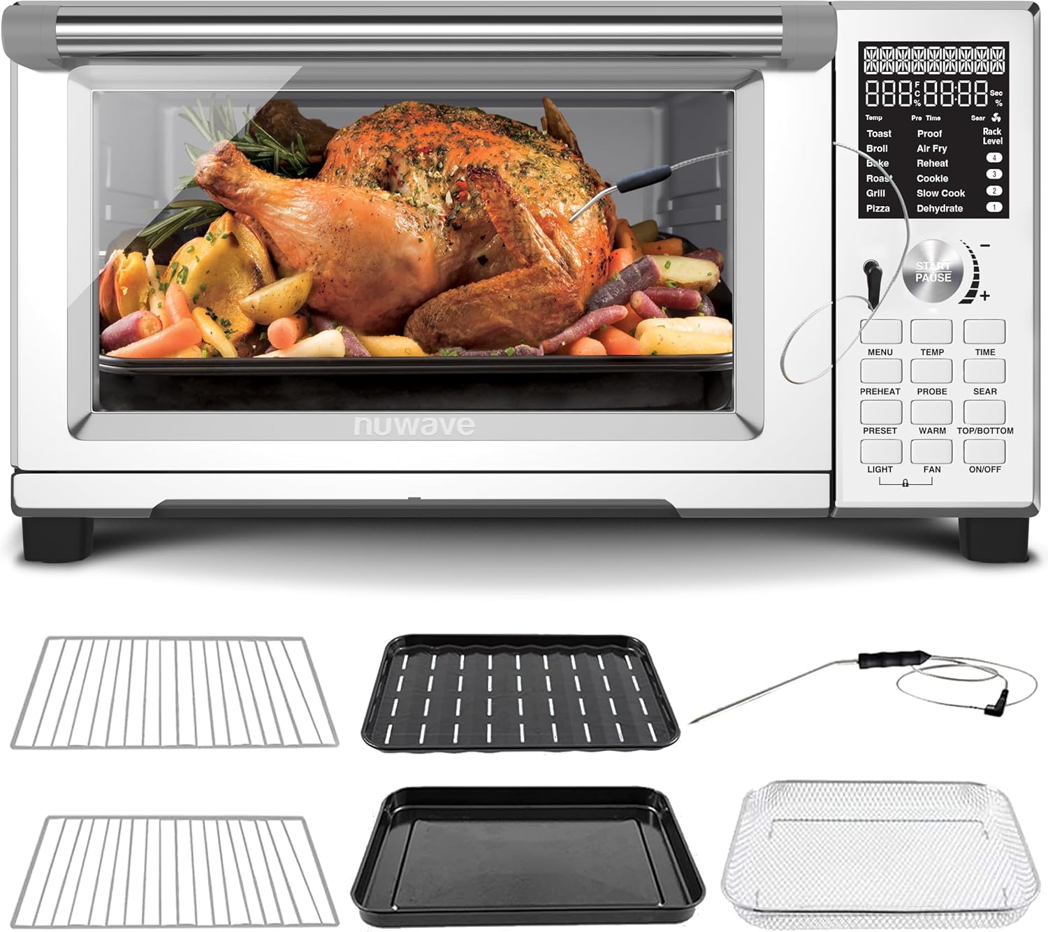 Nuwave Bravo XL Pro Air Fryer Toaster Oven with Grill Combo, 2025 New Ultra-Fast Convection System, 35% Crispier, 2X More Even, 142 Presets, 50-500F, Smarter Probe, PFAS Free, 30QT, Stainless Steel detail 14