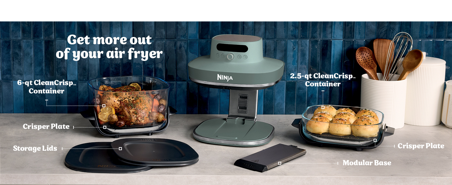 Ninja Crispi Pro 6-in-1 Glass Air Fryer | With Nontoxic, 6qt & 2.5qt Containers & Lids | Microwave, Freezer, Dishwasher Safe | 450°F Max Temp | 1800 Watt | Ash Grey | AS101DG detail 2