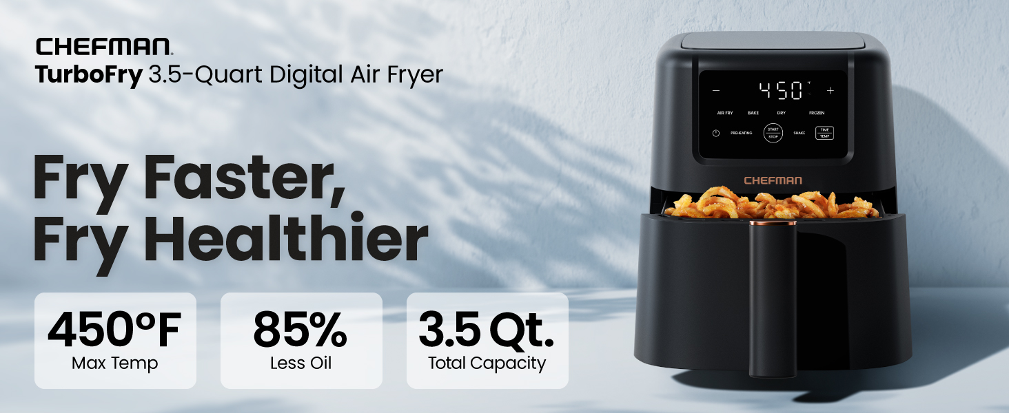 Chefman Air Fryer - 4-in-1 Slim 3.5 QT Airfryer, Air Fry, Bake, Dehydrate, Frozen, 450°F Max Temp for Extra Crispy Results in Minutes, Nonstick Ceramic Coating, Dishwasher-Safe Accessories - Black detail 1