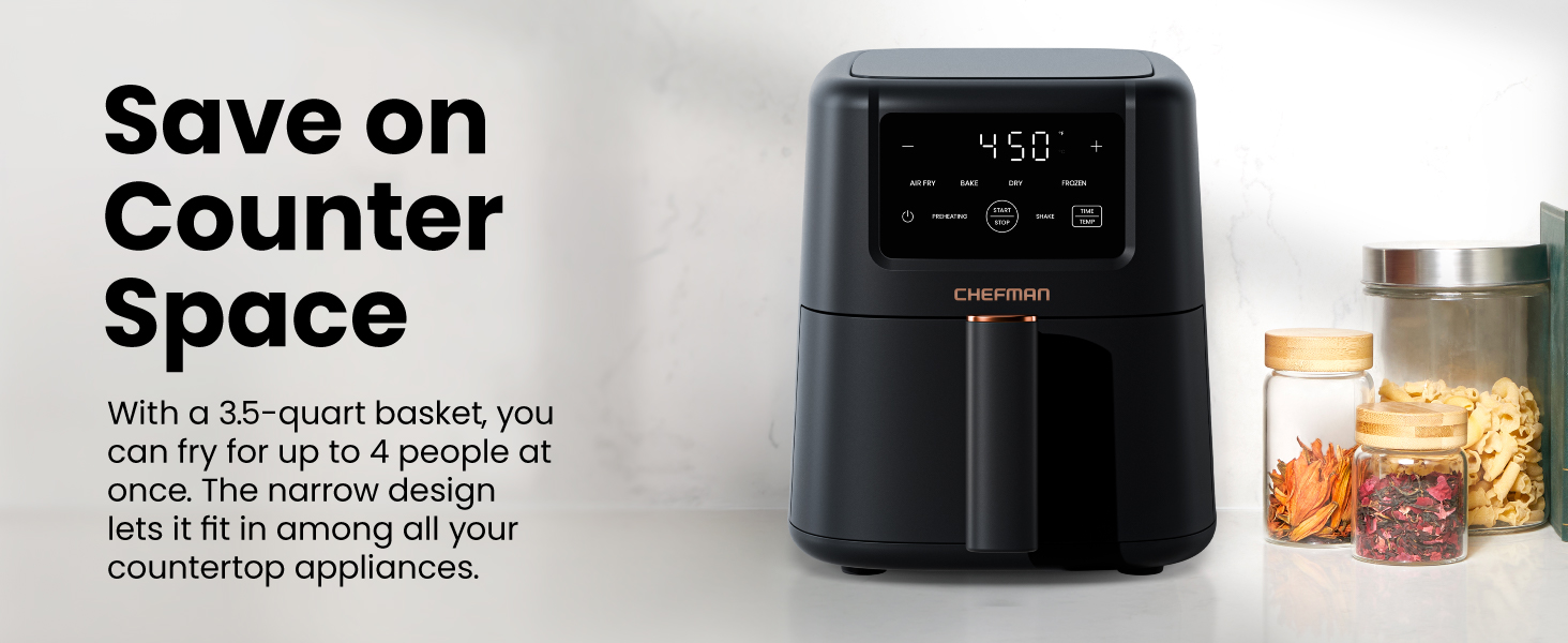 Chefman Air Fryer - 4-in-1 Slim 3.5 QT Airfryer, Air Fry, Bake, Dehydrate, Frozen, 450°F Max Temp for Extra Crispy Results in Minutes, Nonstick Ceramic Coating, Dishwasher-Safe Accessories - Black detail 4