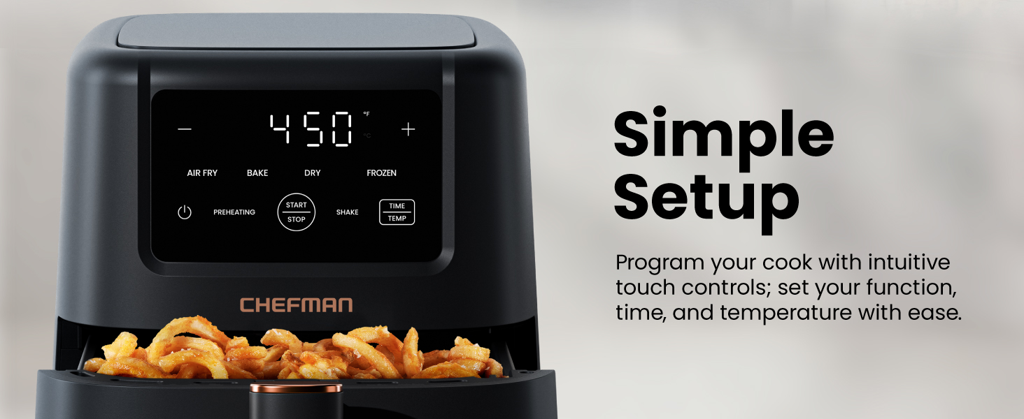Chefman Air Fryer - 4-in-1 Slim 3.5 QT Airfryer, Air Fry, Bake, Dehydrate, Frozen, 450°F Max Temp for Extra Crispy Results in Minutes, Nonstick Ceramic Coating, Dishwasher-Safe Accessories - Black detail 5