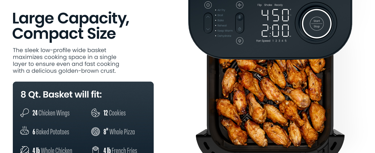 Chefman Crispinator Air Fryer 6-in-1 with 8 Qt capacity, 450°F Max Temp with TurboFry Pro Technology for Fast and Even Results, Viewing Window, Nonstick Ceramic Basket detail 3