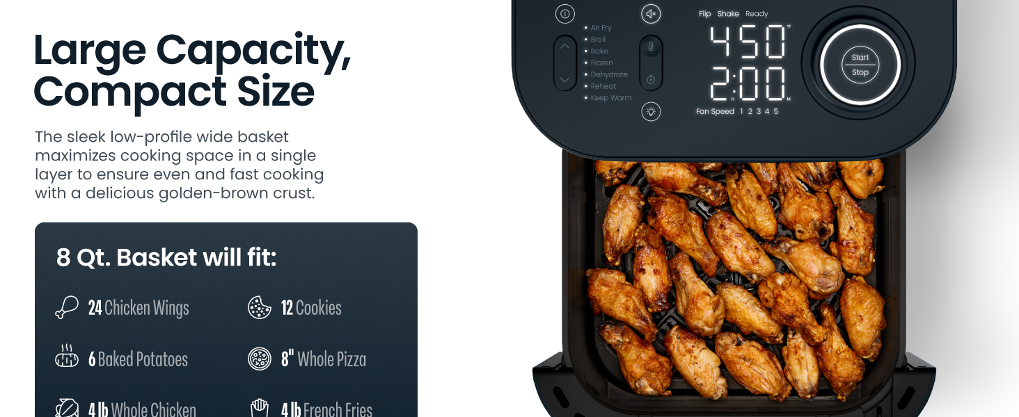 Chefman Crispinator Air Fryer 7-in-1 with 8 Qt Capacity, 450°F Max Temp & TurboFry Pro Technology for Fast, Even Results, Bake, Broil, Dehydrate, Viewing Window, Nonstick Ceramic-Coated Basket detail 3