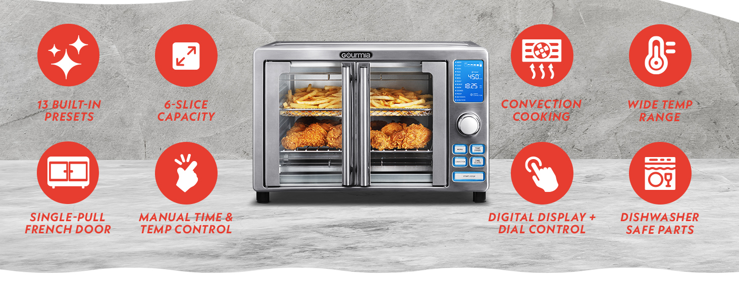 Gourmia Air Fryer French Door Toaster Oven - 6-Slice Capacity, LED Display with 14 Cooking Presets, Stainless Steel detail 2